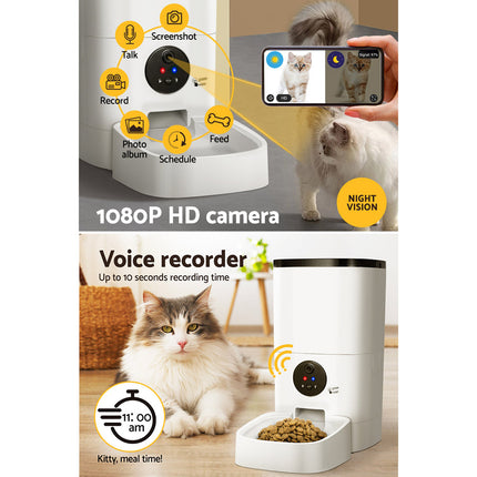 Macaw and Friends i.Pet Automatic 6L WiFi pet feeder with camera for dogs and cats, featuring timer and smart food dispensing.