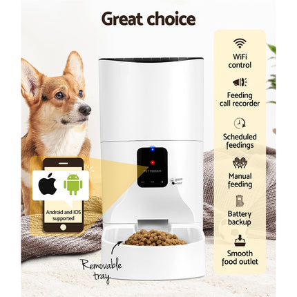 i.Pet Automatic 9L WiFi Pet Feeder by Macaw And Friends for dogs and cats, featuring smart timer and food dispensing functionality.