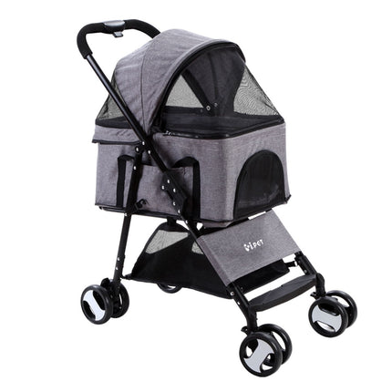 Gray i.Pet pet stroller for dogs and cats with large foldable design, four wheels, and comfortable carrier for travel and outings.