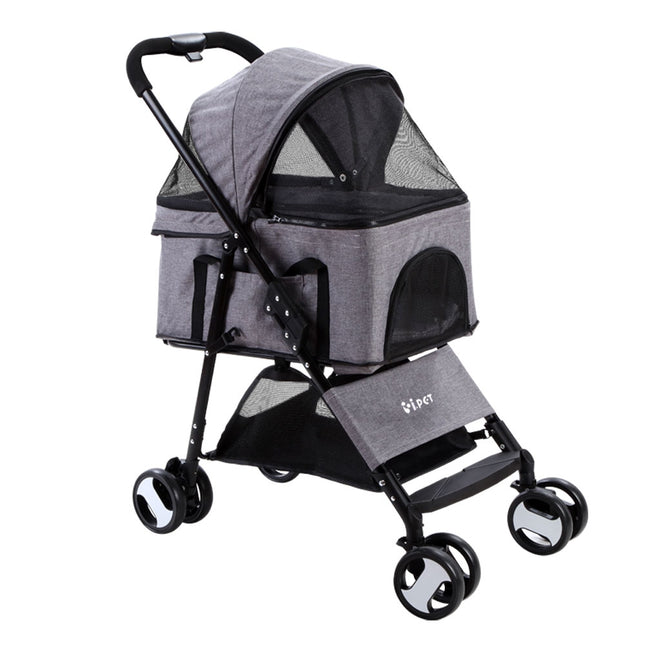 Gray i.Pet pet stroller for dogs and cats with large foldable design, four wheels, and comfortable carrier for travel and outings.