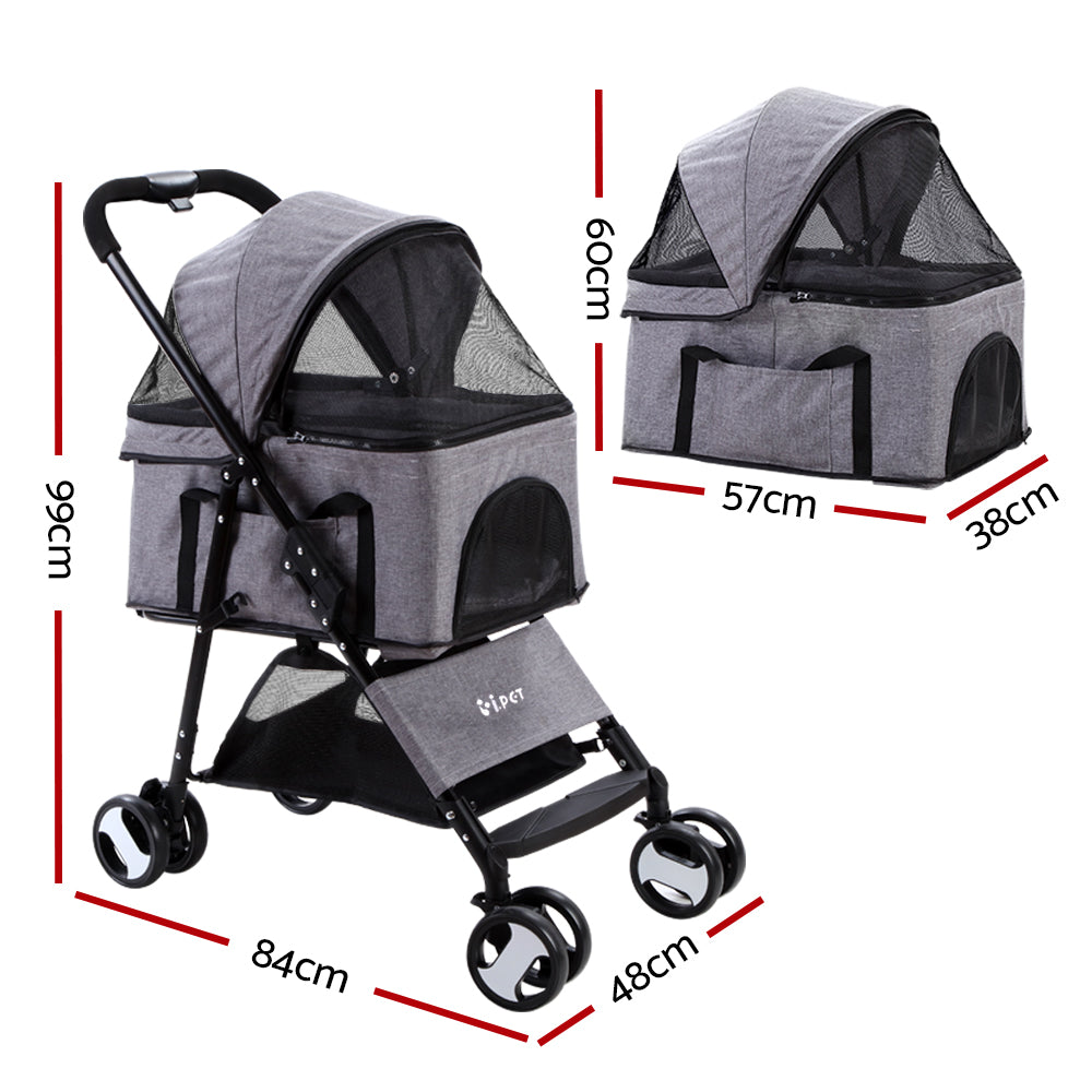 i.Pet Pet Stroller Dog Pram Cat Carrier Travel Large Pushchair Foldable 4 Wheels Grey - Macaw And Friends