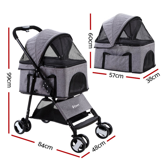 Gray i.Pet pet stroller for dogs and cats, foldable with four wheels, designed for easy travel and comfort from Macaw And Friends.