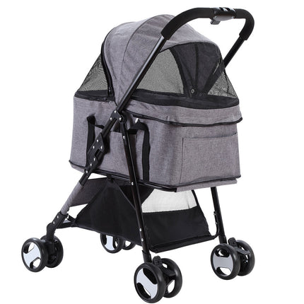 Gray Macaw and Friends pet stroller for dogs and cats, foldable with four wheels, designed for comfortable travel.