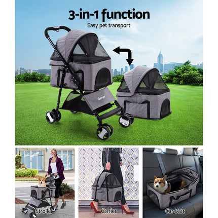 Gray Macaw and Friends pet stroller with four wheels, foldable dog and cat carrier pram for travel and outdoor walks.