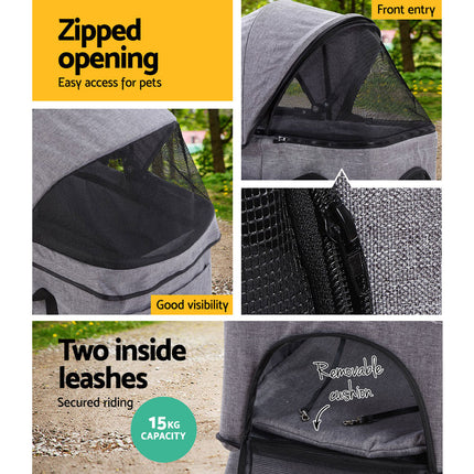 Gray i.Pet pet stroller with four wheels, foldable dog and cat carrier, Macaw And Friends travel pet pushchair with large capacity.