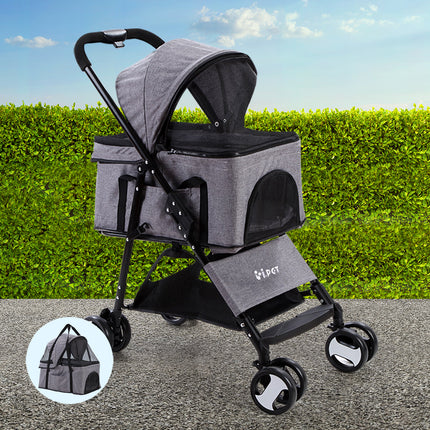 Gray i.Pet pet stroller by Macaw and Friends with four wheels, foldable design, suitable for dogs and cats, ideal for travel and walks.