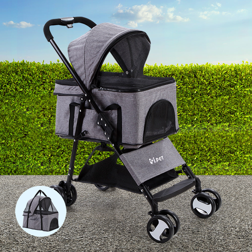 i.Pet Pet Stroller Dog Pram Cat Carrier Travel Large Pushchair Foldable 4 Wheels Grey - Macaw And Friends