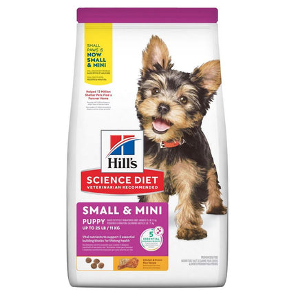 Small puppy eating Hill’s Science Diet Puppy Small & Mini dog food in a bowl, highlighting pet care and nutritious dog food for small breeds.