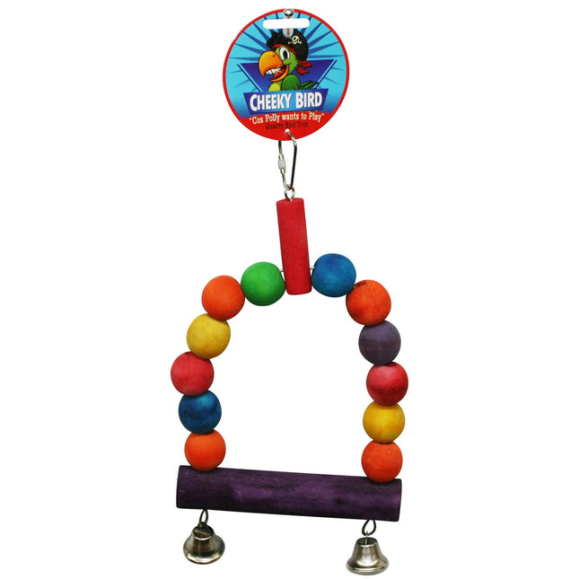 Large wooden ball swing for parrots, Cheeky Bird by Macaw And Friends, designed as a colorful bird toy for hanging play and activity.