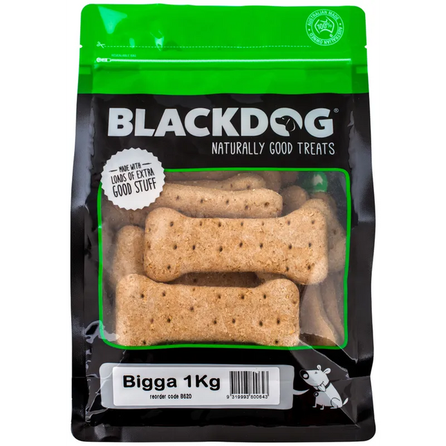 Black Dog Bigga Biscuit 1kg from Macaw And Friends, large crunchy dog treats in a resealable bag.