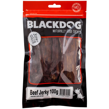 Black Dog Beef Jerky 100g from Macaw And Friends, showing sliced beef jerky pieces in a resealable package.