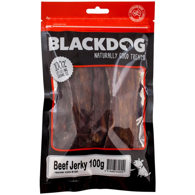 Black Dog Beef Jerky 100g from Macaw And Friends, showing sliced beef jerky pieces in a resealable package.