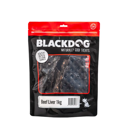 Black Dog Beef Liver Sticks for dogs in multiple sizes, natural treats from Macaw And Friends, shown in a close-up image.