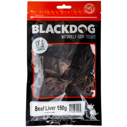 Black dog beef liver sticks in multiple sizes by Macaw and Friends, shown in resealable packaging on a white background.