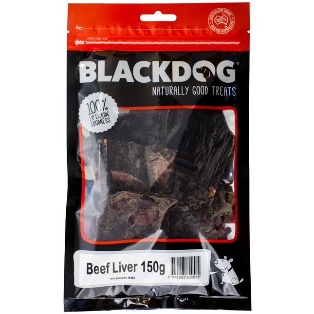 Black dog beef liver sticks in multiple sizes by Macaw and Friends, shown in resealable packaging on a white background.