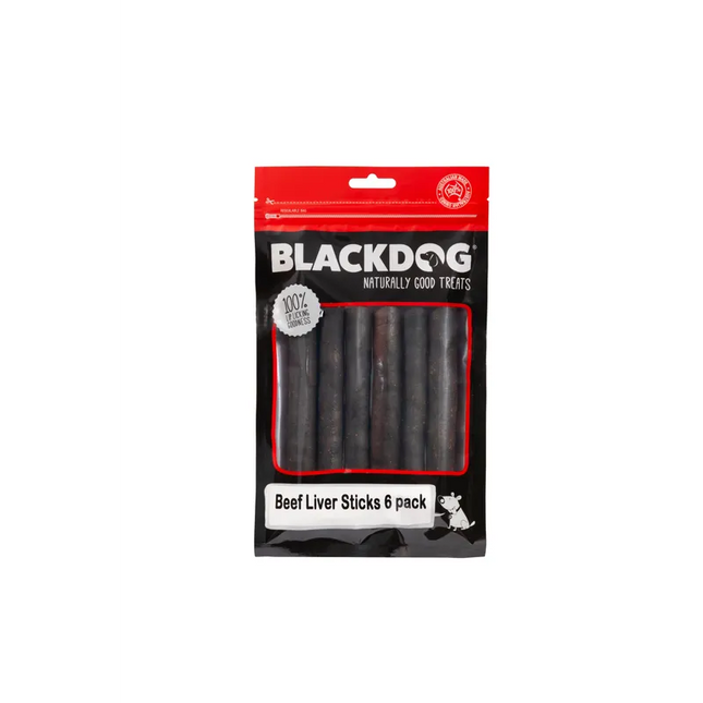 Black dog beef liver sticks in multiple sizes from Macaw And Friends, shown in resealable packaging with sticks arranged inside.
