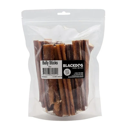 Black Dog Bully Sticks 25-pack by Macaw and Friends, natural dog chews displayed in a clear container.