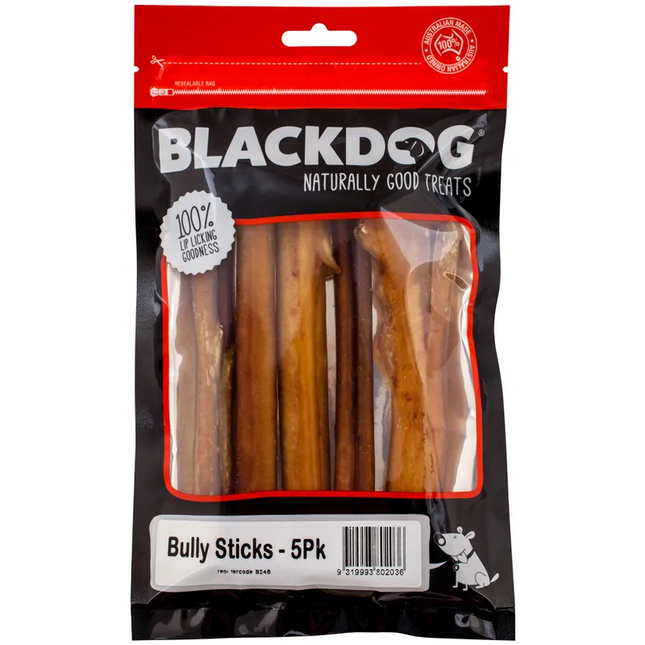 Black dog bully sticks 5-pack by Macaw and Friends, natural dog chews on a neutral background