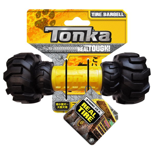 Macaw and Friends Tonka Tire Barbell dog toy with durable rubber tires and a sturdy bar for playful chewing and tugging.