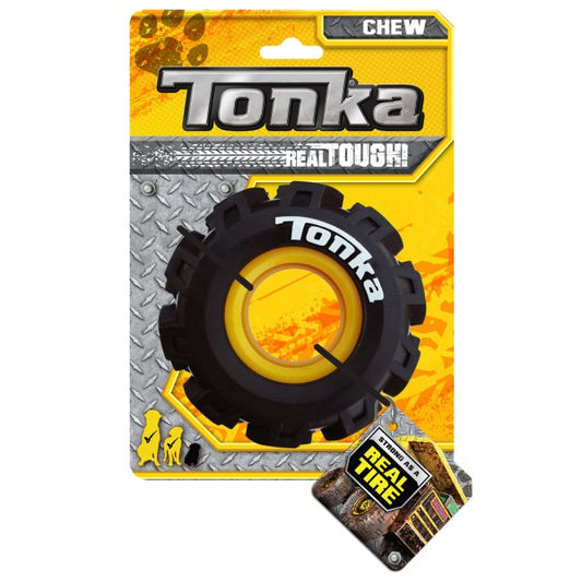 Tonka Seismic Tread Tyre for dogs, durable rubber toy with textured surface, ideal for playtime and chew sessions.