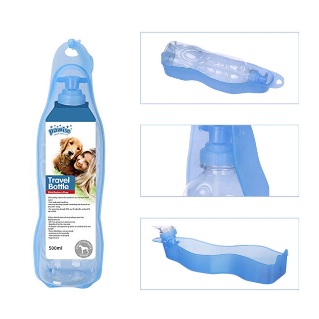 Macaw and Friends Pawise travel bottle for dogs, portable water dispenser for pet hydration during trips and outdoor activities.