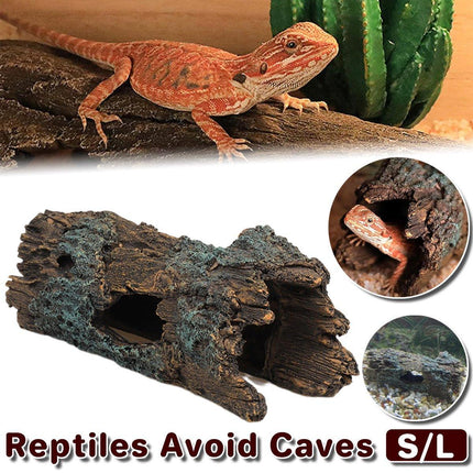 Small resin tree log hide ornament for fish and reptiles, aquarium decoration by Macaw And Friends, features a tunnel trunk.