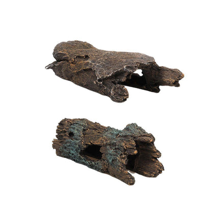 Small resin tree log hide ornament for reptile or fish tanks, realistic trunk tunnel decoration in natural wood style.