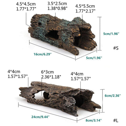 Small resin tree log hide ornament for fish and reptiles, aquarium tunnel decoration by Macaw And Friends.