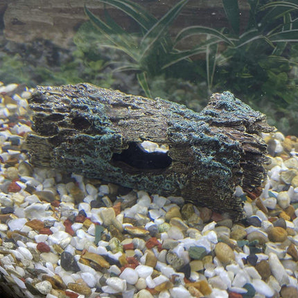 Small resin tree log hide ornament for reptile or fish tanks, providing a natural-looking tunnel for aquatic or pet reptiles.