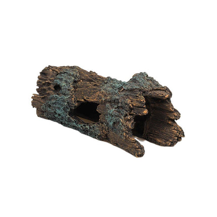 Small resin tree log hide ornament from Macaw And Friends for reptile or fish tanks, featuring a natural-looking tunnel for animals.