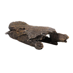 Small resin tree log hide ornament for fish and reptiles, aquarium decoration by Macaw And Friends, features tunnel trunk design.