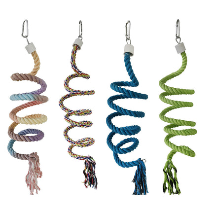 Colorful cotton spiral climbing rope toy for parrots, hanging swing accessory in a bird cage by Macaw And Friends.