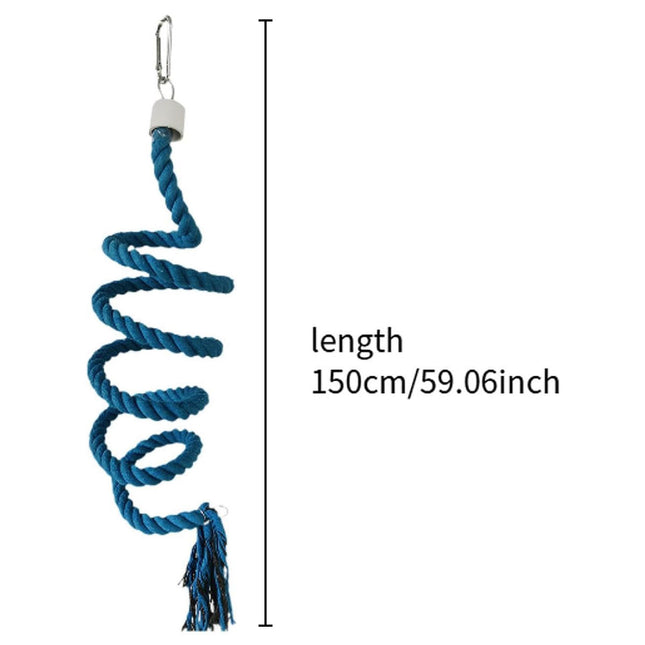 Colorful cotton spiral climbing rope toy for parrots, hangs inside bird cage, provides entertainment and exercise for pet birds.