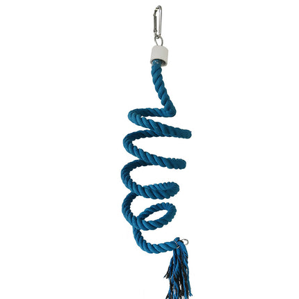Colorful cotton spiral climbing rope toy for parrots, hanging in a bird cage, designed as a fun bird cage accessory by Macaw And Friends.