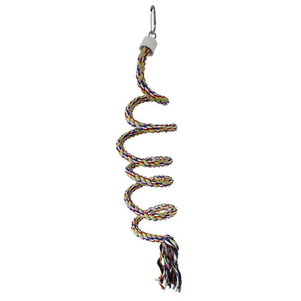 Colorful cotton spiral climbing rope toy for parrots, hanging from bird cage, designed for pet bird play and exercise.
