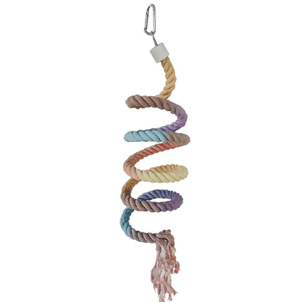 Colorful bird climbing rope toy from Macaw And Friends with cotton spiral ladder for parrots, hanging in a bird cage.