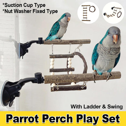 Wooden Parrot Stand Climbing Ladder Swing Toy for Birds Cage Play Accessories - Nut Washer Fixed Type - Macaw And Friends