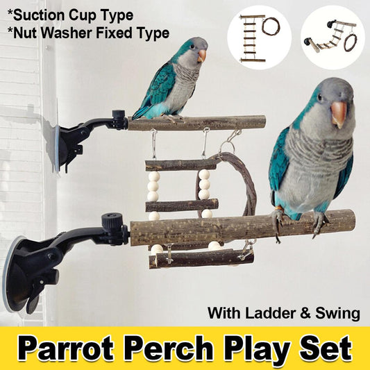 Wooden Parrot Stand Climbing Ladder Swing Toy for Birds Cage Play Accessories - Nut Washer Fixed Type - Macaw And Friends