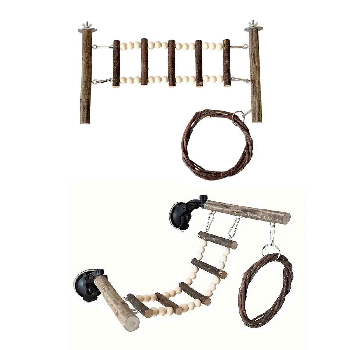 Wooden Parrot Stand Climbing Ladder Swing Toy for Birds Cage Play Accessories - Nut Washer Fixed Type - Macaw And Friends