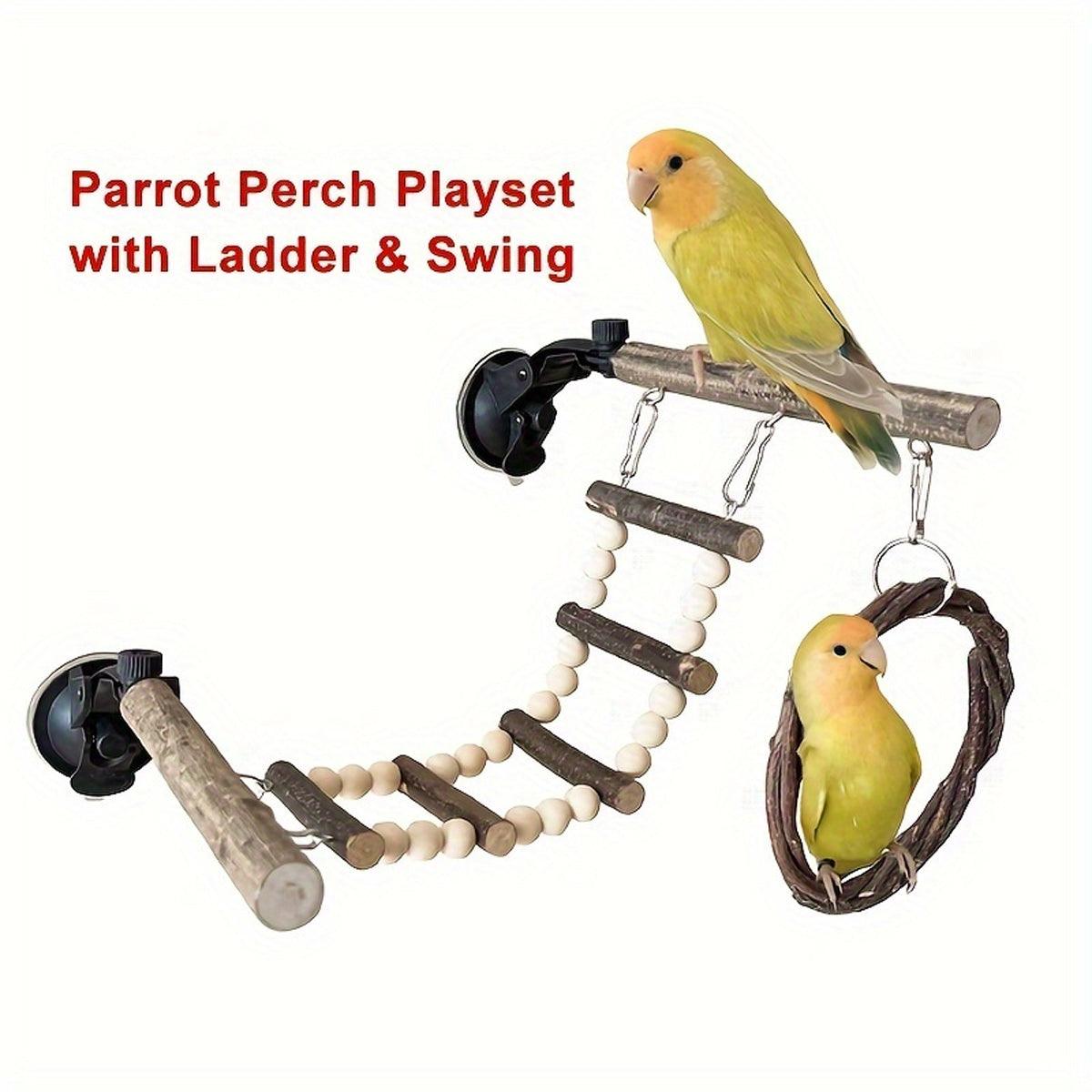 Wooden Parrot Stand Climbing Ladder Swing Toy for Birds Cage Play Accessories - Nut Washer Fixed Type - Macaw And Friends