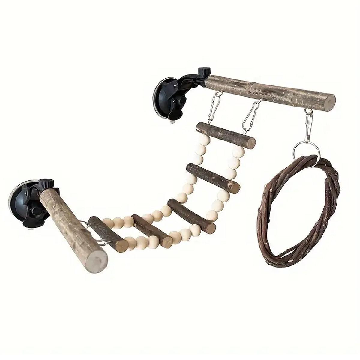 Wooden Parrot Stand Climbing Ladder Swing Toy for Birds Cage Play Accessories - Nut Washer Fixed Type - Macaw And Friends