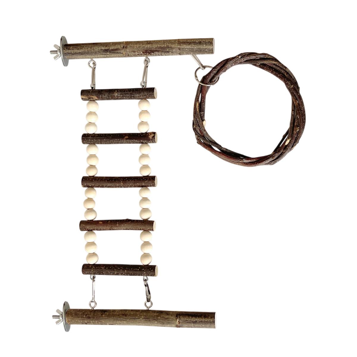 Wooden Parrot Stand Climbing Ladder Swing Toy for Birds Cage Play Accessories - Nut Washer Fixed Type - Macaw And Friends