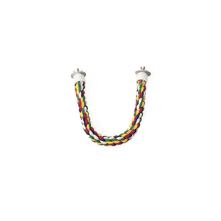 Colorful cotton bird rope perch for pet birds, 60cm bungee swing toy from Macaw And Friends in a bird cage setting.