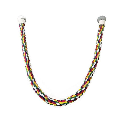 Colorful 60cm cotton bird rope perch and bungee swing for pet birds in a cage, from Macaw And Friends.