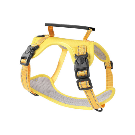 Reflective Macaw and Friends dog harness with leash, no-pull vest, adjustable size XL, handle for walking and training.