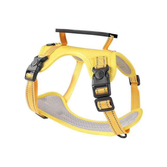 Reflective Macaw and Friends dog harness with leash, no-pull vest, adjustable size XL, handle for walking and training.