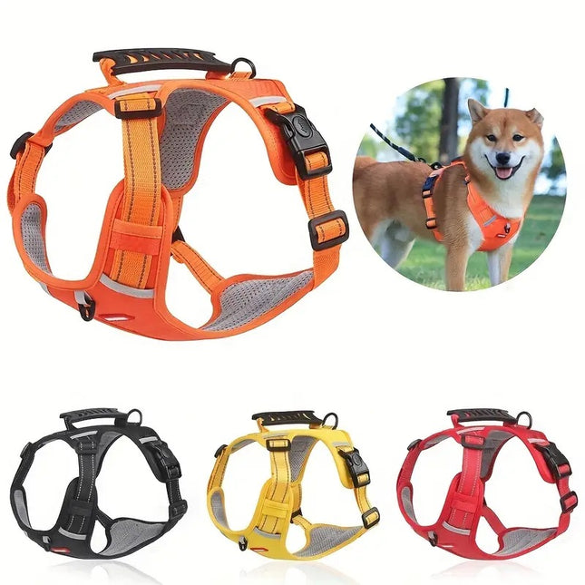 Reflective dog harness with leash by Macaw and Friends, adjustable no-pull vest with handle for walking and training pets.