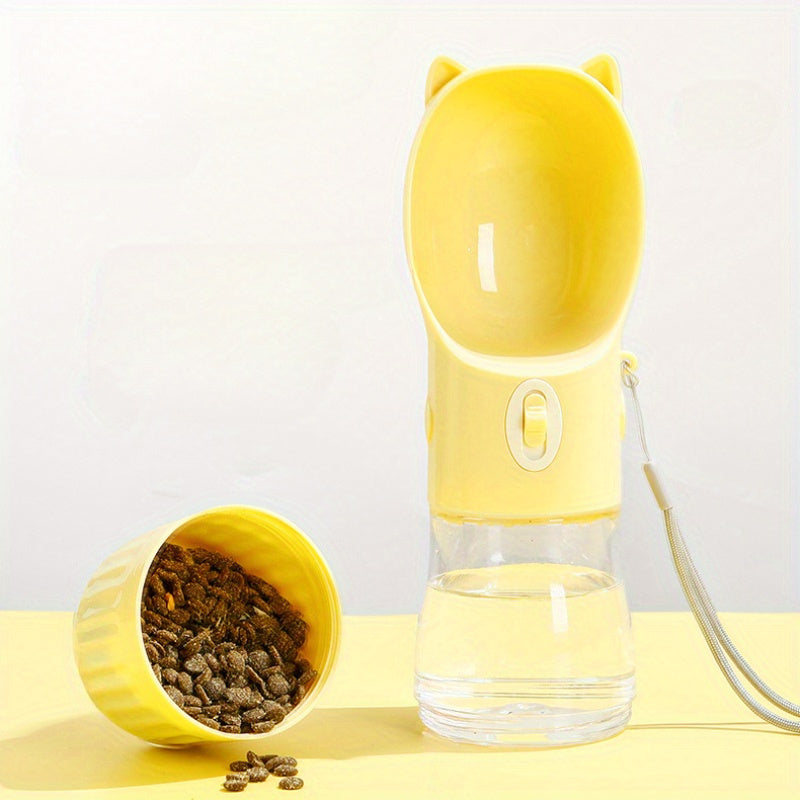 Yellow Portable Dog Water Bottle with Built-in Bowl Dispenser - 250ml Water,180ml Food Capacity, Leak-proof for Travel and Walks - Macaw And Friends