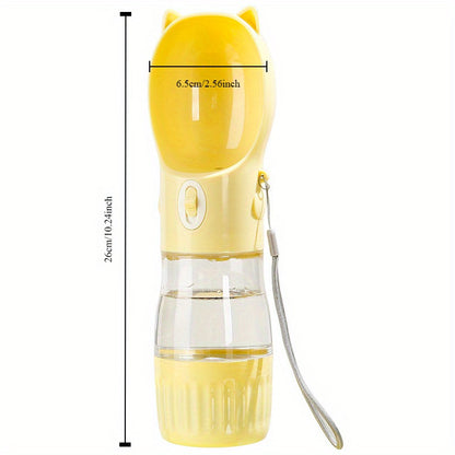 Yellow Portable Dog Water Bottle with Built-in Bowl Dispenser - 250ml Water,180ml Food Capacity, Leak-proof for Travel and Walks - Macaw And Friends