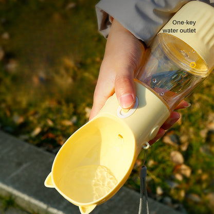 Yellow Portable Dog Water Bottle with Built-in Bowl Dispenser - 250ml Water,180ml Food Capacity, Leak-proof for Travel and Walks - Macaw And Friends